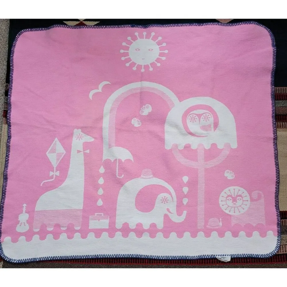 Two Jonathan Adler Junior Cotton‎ Flannel Animal Baby Child Blanket Pink White